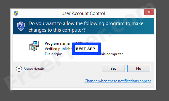 Screenshot where BEST APP appears as the verified publisher in the UAC dialog